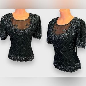 Beautiful Vintage 80s 90s Black Beaded and Silver Sequined Silk Stenay Blouse 14